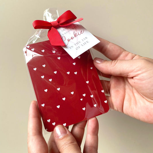 Red with White Hearts Grease Resistant Cookie Boards - Pack 25 - 90mm x 120mm