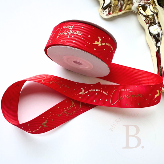Grosgrain Ribbon on Roll - Red with Gold Print 25mm thickness (9.1m/roll)